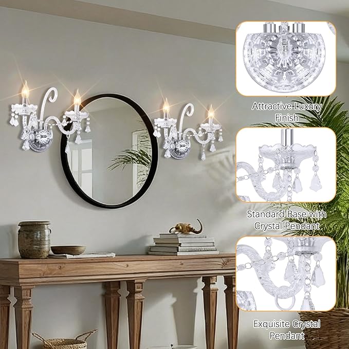 Vintage Crystal Wall Sconce Lighting Crystal Wall Light Elegant 2 Lights European Style Decorative Luxury Sconces Wall Lamp for Bathroom Bedroom Bedside Entryway Sconce Light