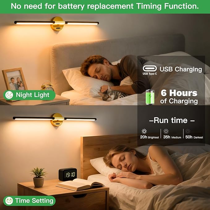 Battery Operated Wall Sconces with Remote, Dimmable Wall Sconces Set of 2, 3000K/4500K/6000K, 360° Rotate, Rechargeable Wall Lights for Living Room Bedroom Hallway