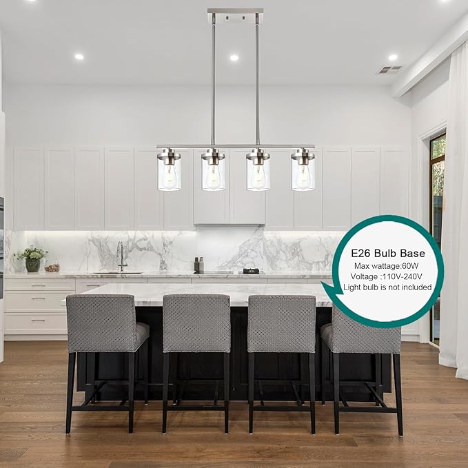 4-Light Dining Room Light Fixtures, Modern Kitchen Island Pendant Lighting Brushed Nickel Flush Mount Ceiling Hanging Lighting with Glass Shade Pendant Lights for Living Room Bedroom Hallway