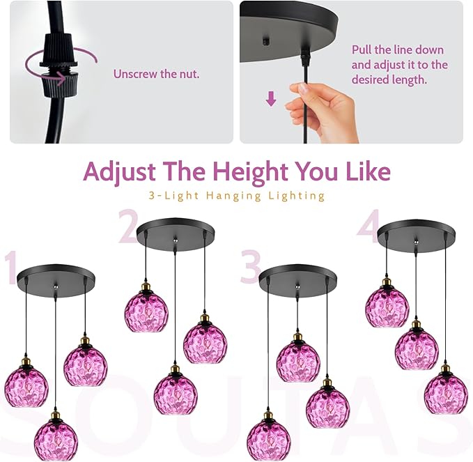 Mid Century Modern 3-Light Cluster Pendant, Hammered Purple Glass Globe Chandelier, Ceiling Hanging Light Fixture for Dining Room Table Kitchen Island Over Sink