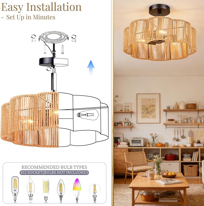 Hamilyeah 16 Inch Boho Semi Flush Mount Ceiling Light, Woven Scalloped Shade Ceiling Fixture with 3-Light E12 Base, Black Decorative Ceiling Light for Bedroom, Entryway, Kitchen, Hallway