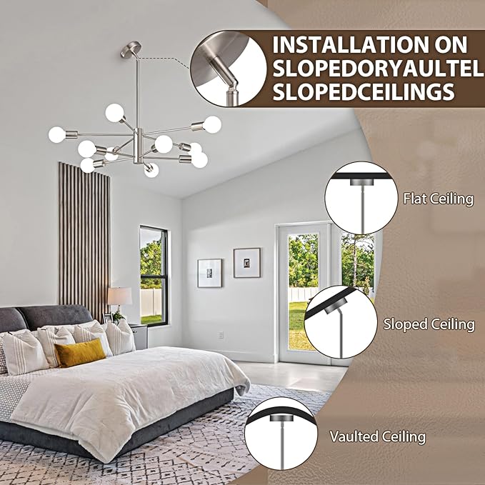 KAISITE Modern Chandelier Light Fixture Brushed Nickel Sputnik Chandelier 10-Light Farmhouse Chandelier for Dining Room Over Table Height Adjustable Kitchen Living Room Ceiling Hanging Light Fixture