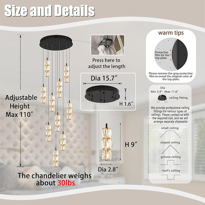 ykolupty Modern Chandelier 10-Lights Black Chandelier Lighting Fixture High Ceiling Chandelier Suitable for Living Room Staircase Villa, TP3030-10H