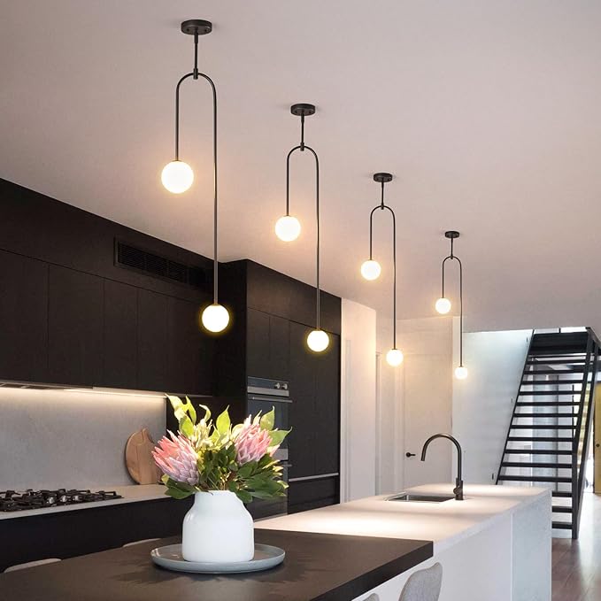 Modern Milk Glass Pendant Light 2 Light Mid Century Chandelier Small Glass Globe Black Pendant Lights for Kitchen Island Bedroom Dining (Metal Tube Removable, 1 Pack)
