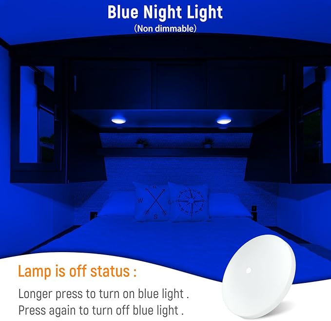 2 Pack RV Interior Ceiling Dome Light 4.5 Inch, Press Dimmer Switch & Blue Nightlight,12V Dimmable Puck Light for Motorhome Trailer Fifth Wheel Truck Coach Enclosed Trailer(5000K)