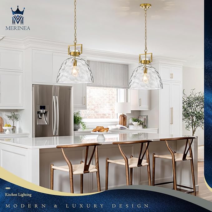 Glass Pendant Light, 13.8 Inch Single Hanging Ceiling Light with Adjustable Chain, E26 Base Oversized Clear Glass Kitchen Island Pendant Lighting in Brass Gold for Dining Room, Entryway