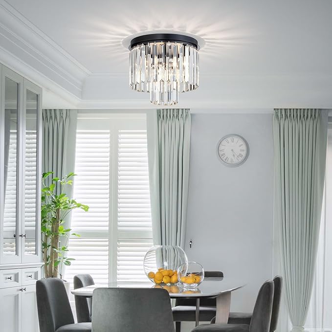 Crystal Ceiling Light, 3-Light Modern Flush Mount Ceiling Light Fixture for Living Room, Dinning Room, Hallway, D12xH13inch, Black Finish Frame & K9 Crystal