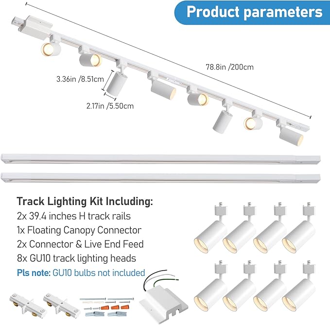 8-Light LED Track Lighting Kit with 6.6FT H Track Lighting Rails & Floating Canopy Connector, GU10 Track Light Kit, Modern Kitchen Track Lighting Fixtures Ceiling Spot Light, White (No Bulbs)