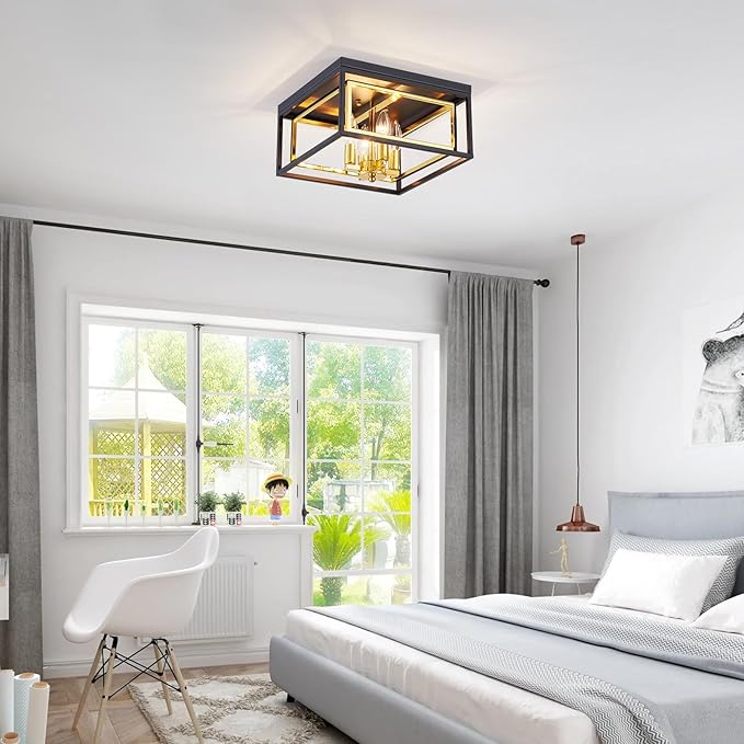 Square Ceiling Light, 4-Light Flushmount Modern Close to Ceiling Light Fixture for Living Room, Bedroom, Dining Room, L13 x W13 x H7 inch, Black & Gold Finish Frame