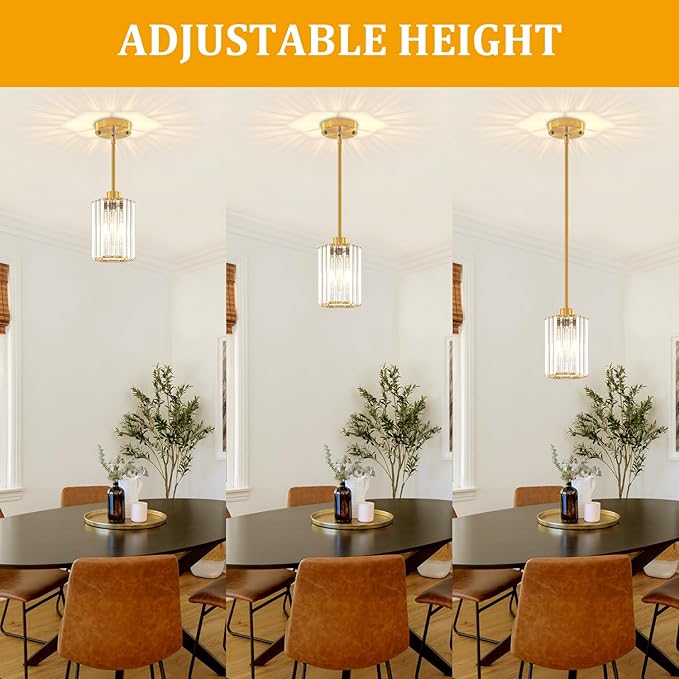 2-Pack Brushed Gold Pendant Lights Kitchen Island Modern Crystal Hanging Pendant Light Hexagonal Mini Chandelier Adjustable Hanging Kitchen Lights for Dining Room Hallway Bedroom Entryway Pendant Lamp
