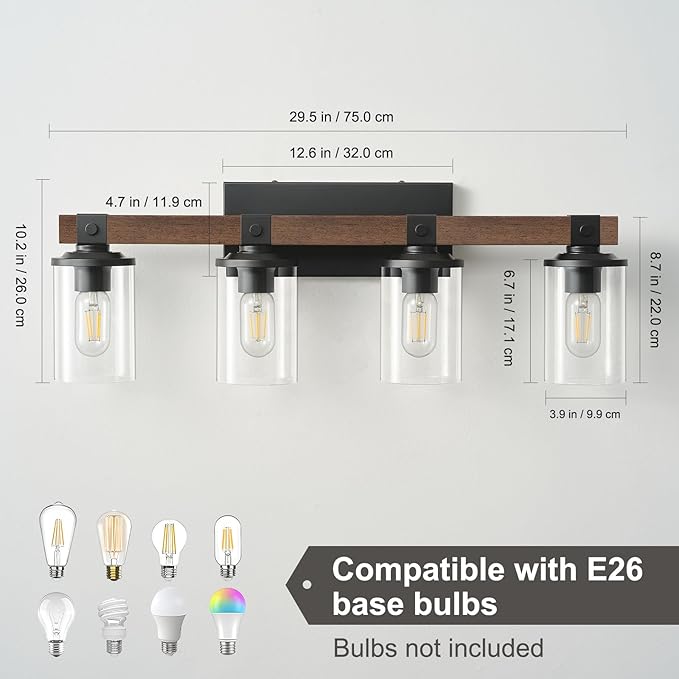 Bathroom Vanity Light Fixtures 4 lights, Wooden Farmhouse Vanity Lights Rustic Bathroom Lights over Mirror with Clear Glass Shade Black Industrial Wall Sconce for Bathroom Bedroom Hallway Kitchen