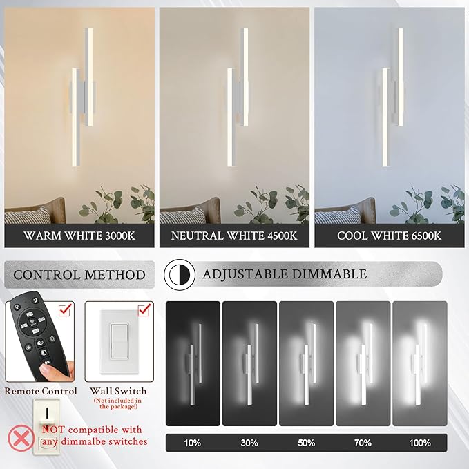 LED Wall Sconce Silver Modern Remote Wall Light Fixtures for Living Room, Dimmable LED Vanity Light Indoor Remote Wall Sconce for Bedside Bedroom Bathroom Dining Room, 23.6inch 1 Pack