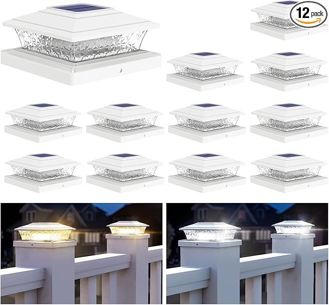 APONUO Solar Post Lights Outdoor, 2 Lighting Modes 16 LEDs Solar Post Cap Lights for 4x4 5x5 6x6 Vinyl Wooden Posts Waterproof Fence Posts Light Solar Powered for Deck/Fence/Porch (White,12 Pack)