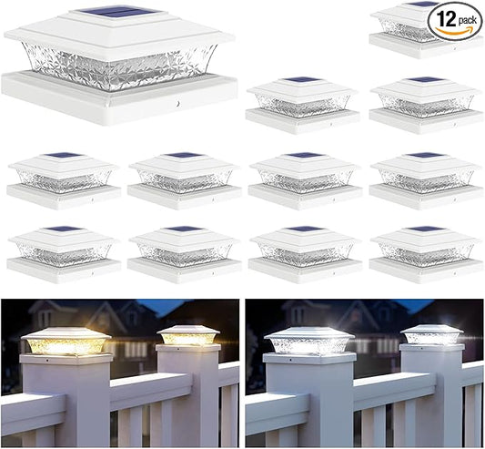 APONUO Solar Post Lights Outdoor, 2 Lighting Modes 16 LEDs Solar Post Cap Lights for 4x4 5x5 6x6 Vinyl Wooden Posts Waterproof Fence Posts Light Solar Powered for Deck/Fence/Porch (White,12 Pack)