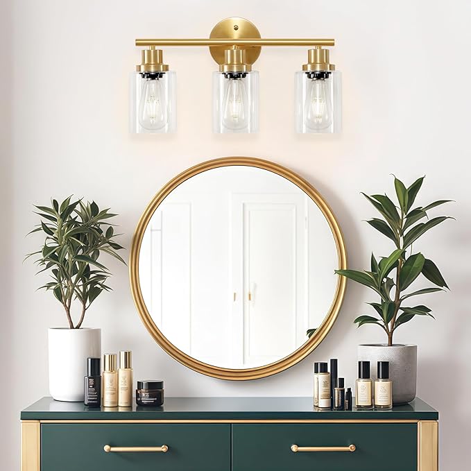 3-Light Brushed Gold Vanity Lights, E26 Modern Bathroom Light Fixtures with Clear Glass Shade, Wall Lamps for Mirror Kitchen Hallway Cabinet Living Room Sconces Lights