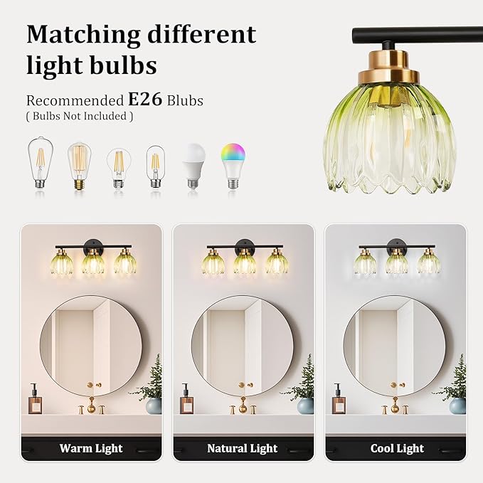 TALOYA Bathroom Vanity Light Fixtures, 3-Light Modern Black and Gold Wall Lights Over Mirror with Gradient Green Tulip Glass Shades Bathroom Wall Lamp for Mirror, Living Room,Hallway, Cabinet Porch