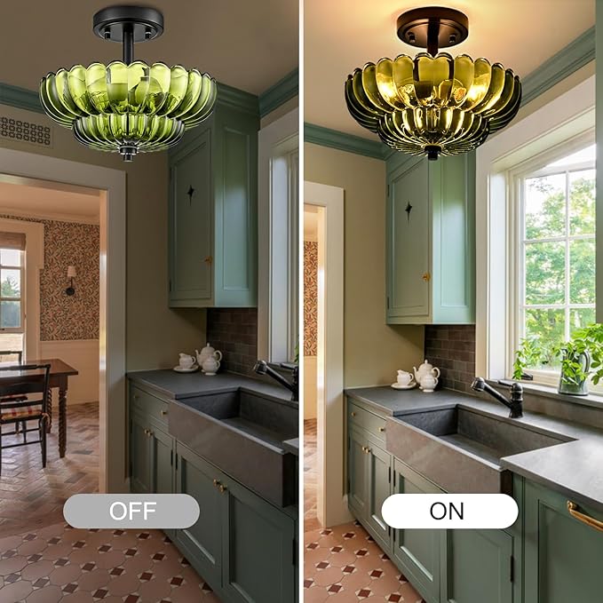 Semi Flush Mount Ceiling Light Fixture, Green Glass 3-Light Modern Vintage Ceiling Lights, Scalloped Close to Ceiling Light, Black Base Flush Mount Ceiling Light for Hallway Bedroom Entryway Kitchen