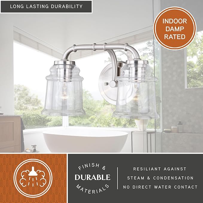 VAXCEL Toledo 2-Light 14.75 inch Wide Satin Nickel Industrial Bathroom Vanity Lighting Fixture, Clear Glass Shade, Dimmable, LED Compatible, Over The Mirror Mounted Steel Wall Sconce