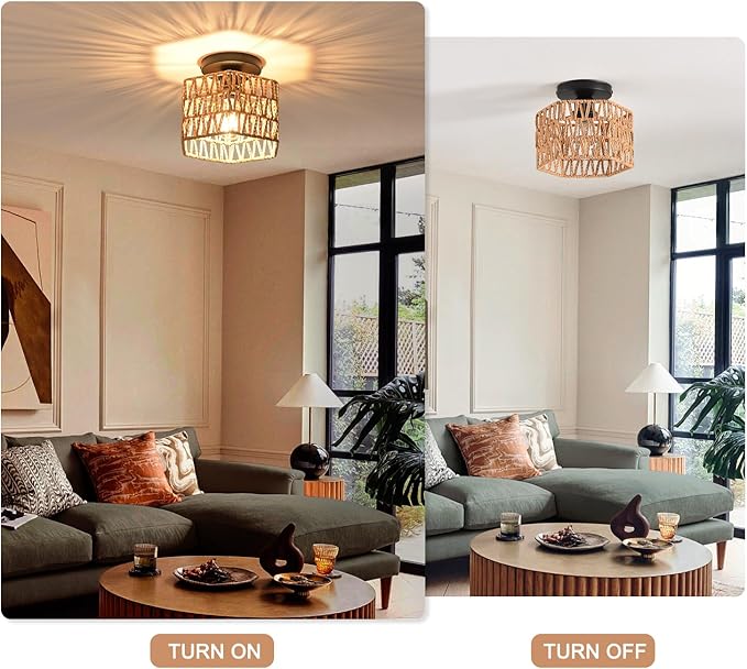 Hand-Woven Rattan Flush Mount Ceiling Light,Farmhouse Light Fixtures Ceiling Mount Boho for Hallway Bedroom Kitchen Entryway Living Room