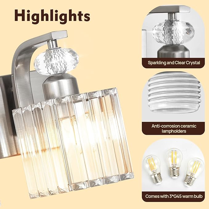 Modern Bathroom Vanity Light, 3-Light Nickel Bathroom Lighting Fixtures Over Mirror, 20.5" Crystal Wall Light Sconce for Bathroom/Bedroom/Vanity, Includes LED Bulbs, Easy Installation