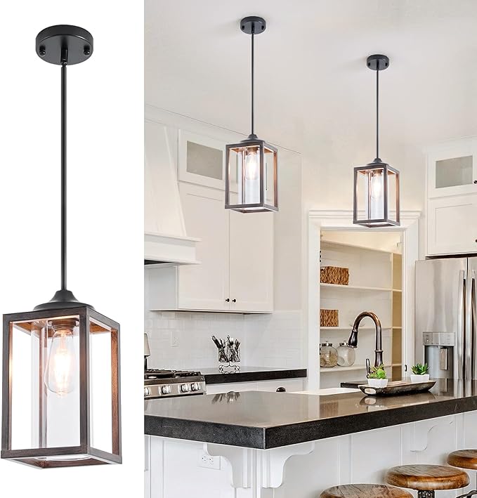 Farmhouse Pendant Light in Wood and Metal Cage, Rustic Pendant Light with Glass, Adjustable Hanging Light Fixtures, Mini Pendant Lighting for Kitchen Island, Hallway, Foyer (Square Brown-1 Pack)