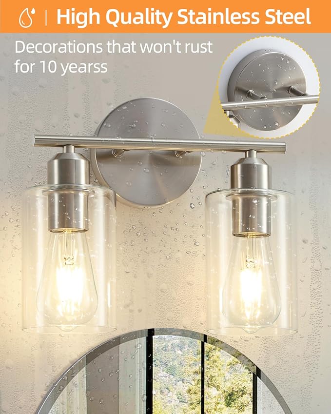 Bathroom Light Fixtures, 2-Light Brushed Nickel Vanity Lights for Bathroom, Modern Bathroom Lighting Fixtures Over Mirror with Clear Glass Shade, Wall Sconce Lighting for Hallway - 2Pack