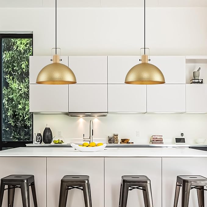 16 Inch Gold Pendant Lights Hammered Matte Pendant Lights for Kitchen Island Industrial Farmhouse Adjustable Height Dome Hanging Light Fixtures for Barn, Dining Room 2 Packs