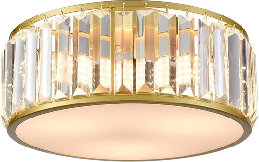 12 Inch Gold Crystal Flush Mount Ceiling Light 3-Light Drum Shade Ceiling Light Fixtures Luxury Crystal Glass Flush Mount Lighting for Bedroom Hallway Bathroom