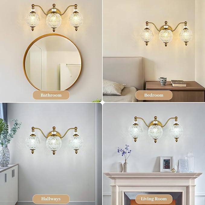 Vintage Bathroom Vanity Light, 3-Light Mid Century Matte Brass Finish Wall Sconce with Globe Glass Shades, Retro Mirror Light for Bathroom, Powder Room