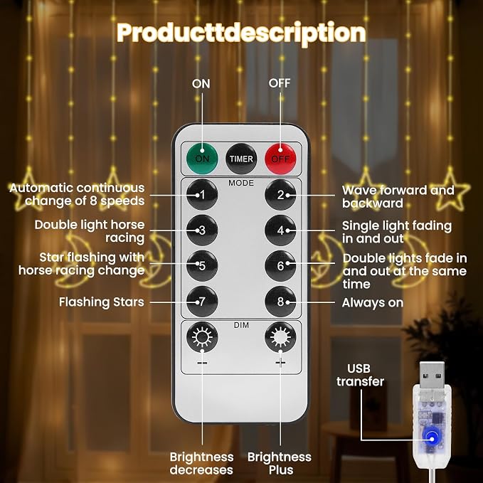 130 LED Star Moon Curtain Decorative Lights, Ramadan Window Curtain Fairy String Lights, Remote Control & USB Plug, 8 Lighting Modes, for Indoor, Home Holiday, Party, Ramadan Decorations