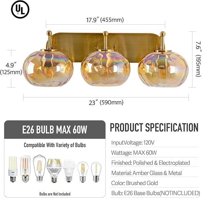 23" Brushed Gold Vanity Light Stained Amber Hammered Glass Wall Sconce 3-Light Brass Wall Lamp for Hallway Living Room Stairwell Bathroom Over Mirror