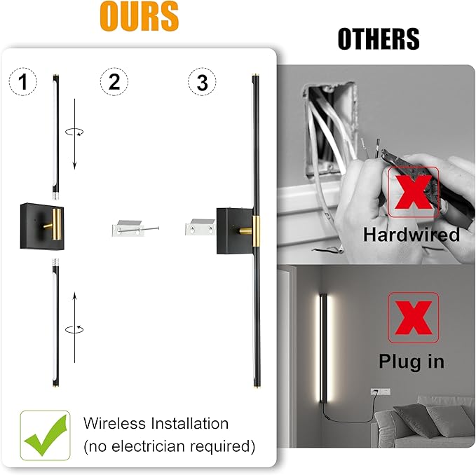 Morauroral Battery Operated Wall Sconces Set of 2, Dimmable 3 Color Battery Wall Sconce with Remote, Black Gold LED Rechargeable Sconces, 24 Inch Modern Wireless Wall Lights for Bedroom, Living Room