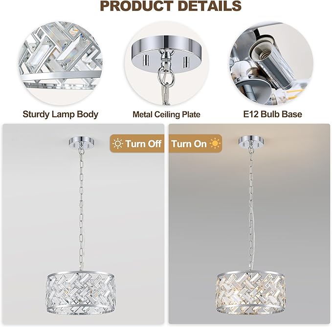 Chrome Crystal Chandelier, 3-Light Morden Dining Room Light Fixture,12.4" Small Round Semi Flush Mount Chandeliers for Kitchen Foryer Entryway Hallway Living Room Bedroom (ETL Listed)