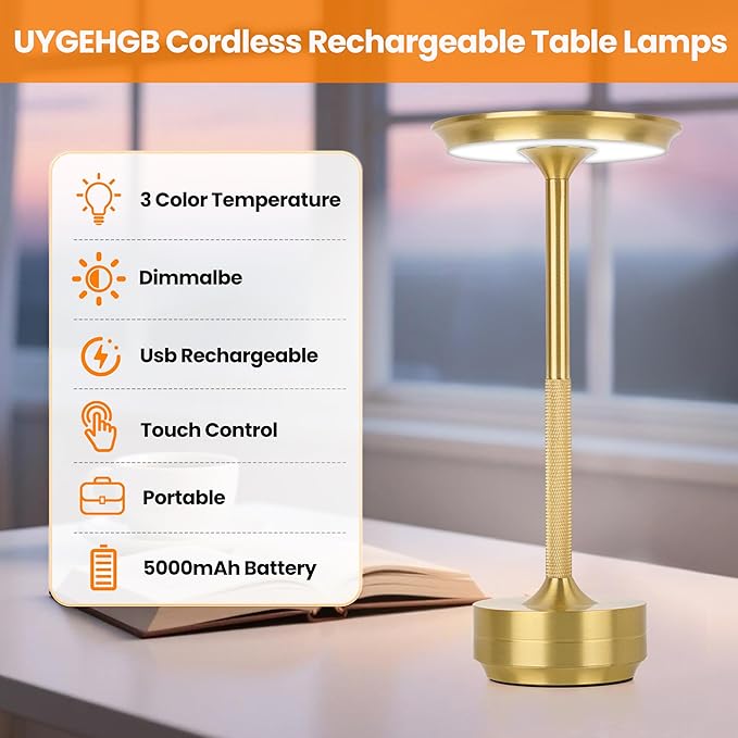 2-Pack Cordless Table Lamp Rechargeable 5000mAh, 3-Color Stepless Dimming Touch Sensor, Portable LED Desk Light for Bedroom, Nightstand, Camping, Patio (2-Pack Gold)