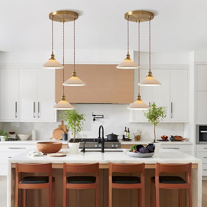 3 Light Pendant Lighting Brushed Gold Cluster Pendant Light Fixture Milk Glass Chandelier Modern Mid Century White Ceramic Cluster Hanging Pendant Lights Kitchen Island for Bedroom MPL16D-3R