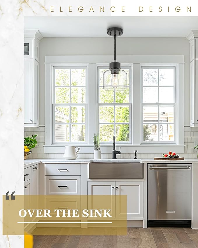Black Pendant Lights Kitchen Island, 7" Hanging Lights Fixtures with Clear Glass Shade, Modern Kitchen Pendant Lighting Over Island for Dining Room, AD-24024-1P-BK