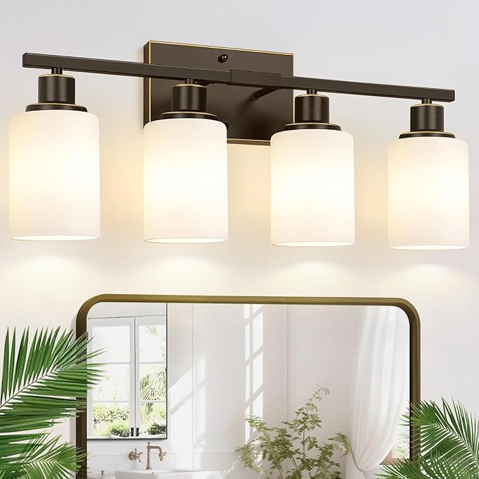 Indoi 4-Light Bathroom Light Fixtures, Brown and Gold Vanity Lights with Milk Glass Shades, Modern Bathroom Wall Lamp for Mirror Living Room Bedroom Porch