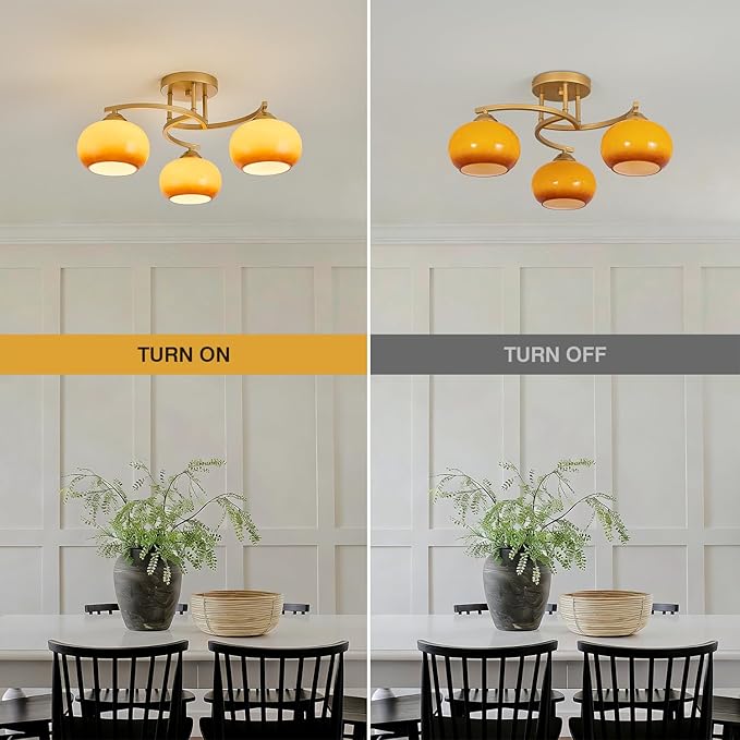 Semi Flush Mount Ceiling Light Fixture Modern Gold Globe Sputnik Chandeliers 3 Light Mid Century Orange Vintage Glass Chandelier for Dining Room Kitchen Bedroom Living Room Foyer Hallway