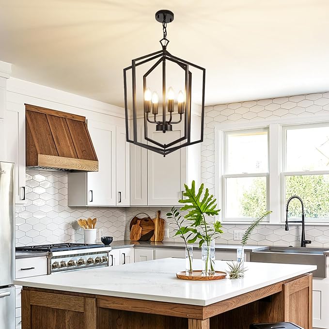WJShome 18.1" Black Chandelier, 4-Light Farmhouse Dining Room Light Fixture, Industrial Ceilings Foyer Lighting Fixtures, Rustic Lantern Pendant Light, for Kitchen Island, Entryway, Staircase
