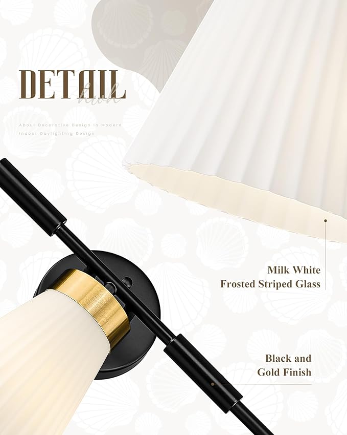 Bathroom Wall Sconces, HWH 5-Light Wall Mount Lighting Fixtures for Mirror, Modern Vanity Lights with Frosted Milk White Striped Glass, Black and Gold Finish, 5HZG97B-5W BK+BG