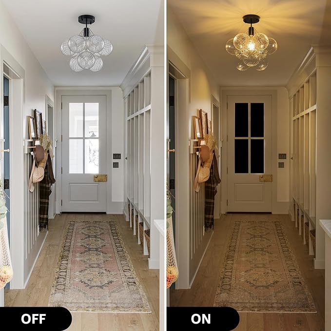 GoYeel Flush Mount Ceiling Light 14.17"-Mid Century Modern Chandelier Lighting Black Globe Bubble Chandeliers 1 Light with 9 Clear Swirled Glass Ball Lighting for Dining Room,Include E26 Blub