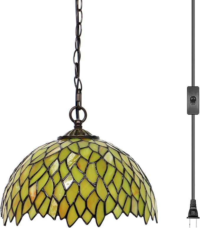 Tiffany Pendant Light Plug in Stained Glass Hanging lamp 12X12X181 Inch Hanging Lamp Living Room Bedroom Kitchen Dining Room Office(Yellow Wisteria)