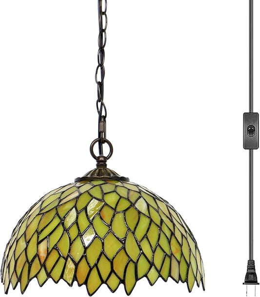 Tiffany Pendant Light Plug in Stained Glass Hanging lamp 12X12X181 Inch Hanging Lamp Living Room Bedroom Kitchen Dining Room Office(Yellow Wisteria)