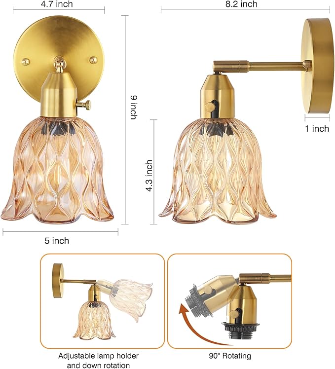 Vintage Wall Sconces - Hardwired Wall Lights with Amber Tulip Glass Shade,Brass Wall Lamps for Bathroom Bedroom Stairway Bathroom Living Room Corridor(Bulbs Not Included,E26 Socket)