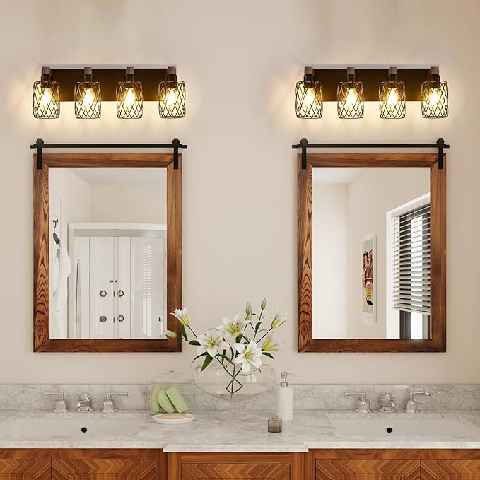 4-Light Farmhouse Bathroom Vanity Light, Wood Bathroom Lighting Fixtures Over Mirror, Black Bathroom Light Fixtures with Cage Metal Shade, Rustic Vanity Light with E26 Base