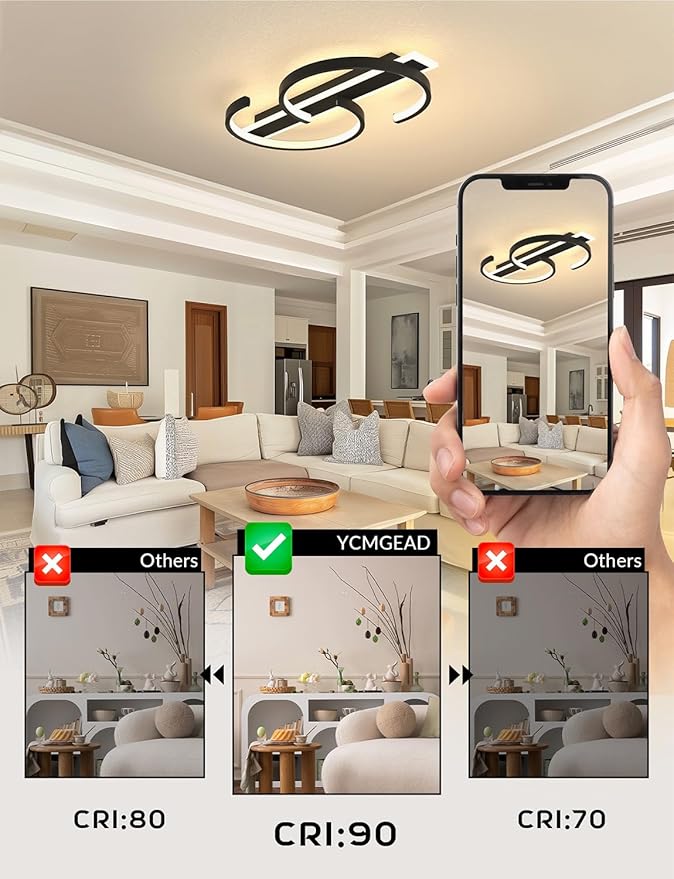 Modern Ceiling Light 23.62in 2 Rings Black Voice Control Bedroom Lights for Ceiling 3000-6000K LED Ceiling Light Fixtures Flush Mount Ceiling Lamps for Living Room Study Kitchen 55W