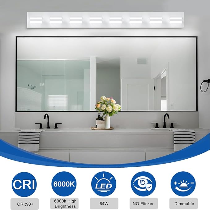 IZORRO LED Modern Bathroom Lights Fixtures(8-Light,Dimmable,360°Rotate),Matte White Acrylic Wall Lighting,Vanity Lights for Bathroom Over Mirror - 6000k 48In （No Assembly Required）