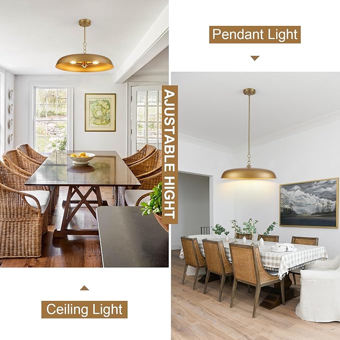 Large Gold Pendant Lights 20 Inch, 3-Lights Modern Brushed Gold Dome Chandelier, Farmhouse Pendant Lighting Fixture Ceiling Hanging Light for Kitchen Island, Dining Room, Cafe, Bar