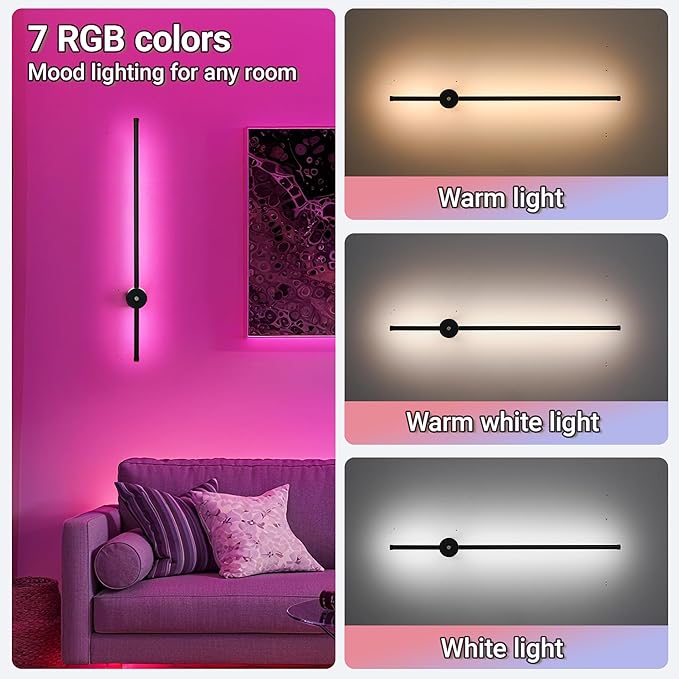 31.5 inch Battery Operated Wall Sconce Set Of 2, 10000mAh Rechargeable Wall Light With Remote Control, RGB Dimmable Wireless Sconces Wall Decor For Bedroom Living room Hallway, 360°Rotate, Black