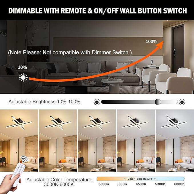 Modern LED Ceiling Light with Remote, Dimmable 24in Ceiling Lights for Bedroom Living Dining Room Kitchen, Black Flush Mount Ceiling Light Fixture LED Chandelier Ceiling Lamp (4-Light, 2000lm)
